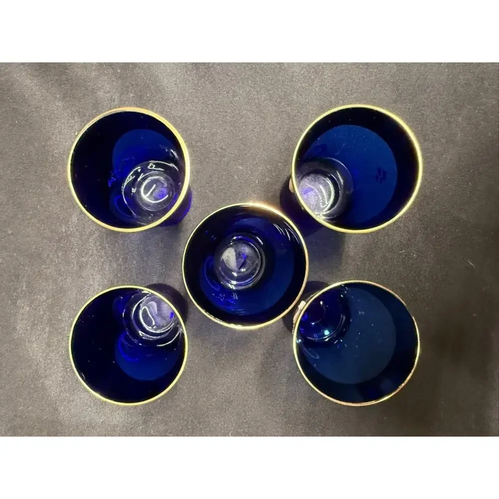 Cobalt Blue & Gold Bohemian Style Decanter (5) Shot Glasses Hand Painted Flowers